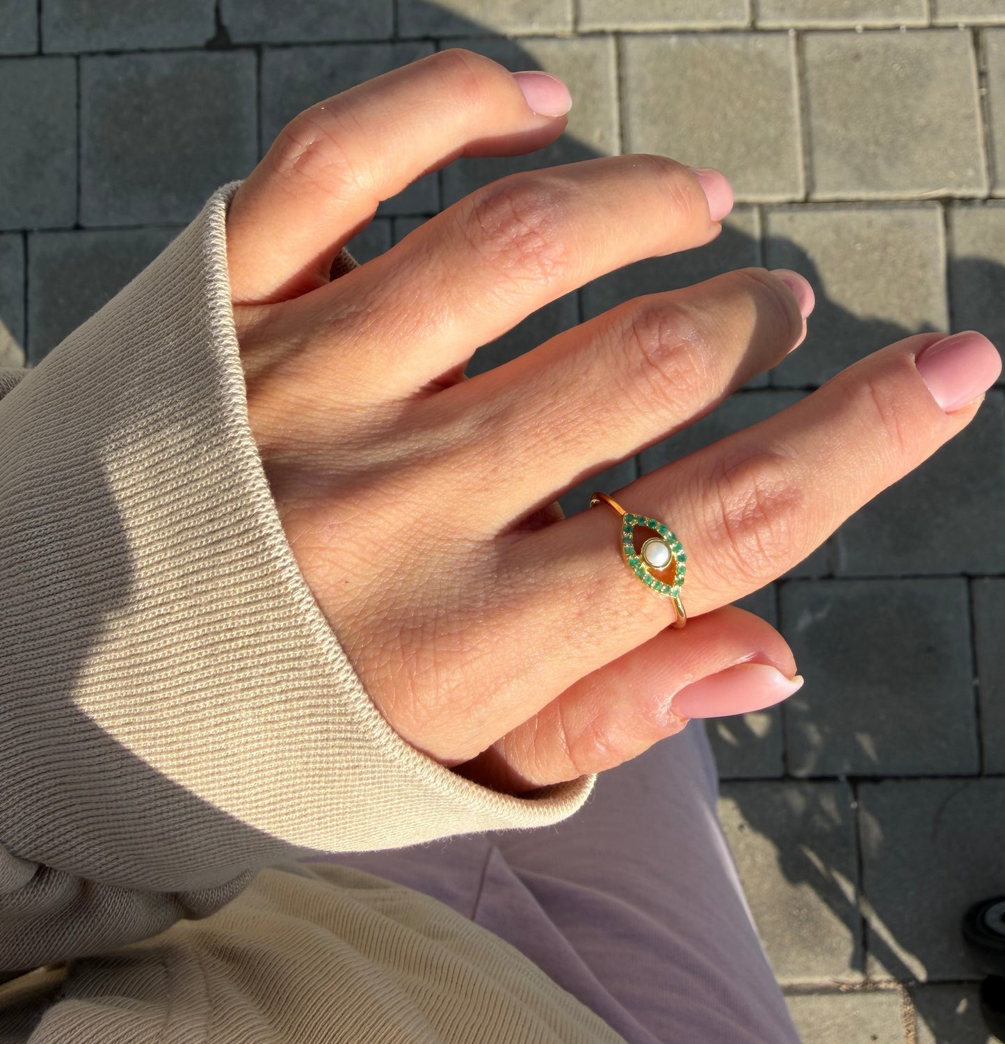 Emerald Evil Eye Ring with Pearl