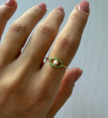 Emerald Evil Eye Ring with Pearl