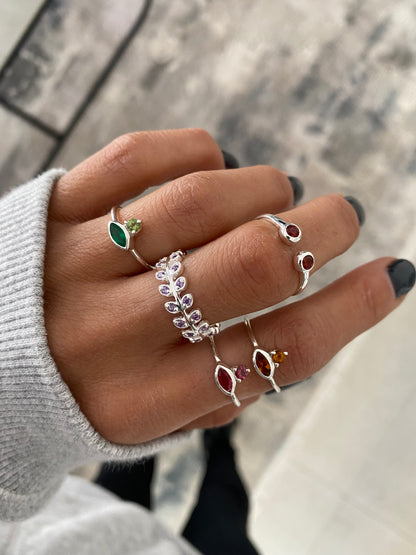 Silver Leaf Gemstone Ring