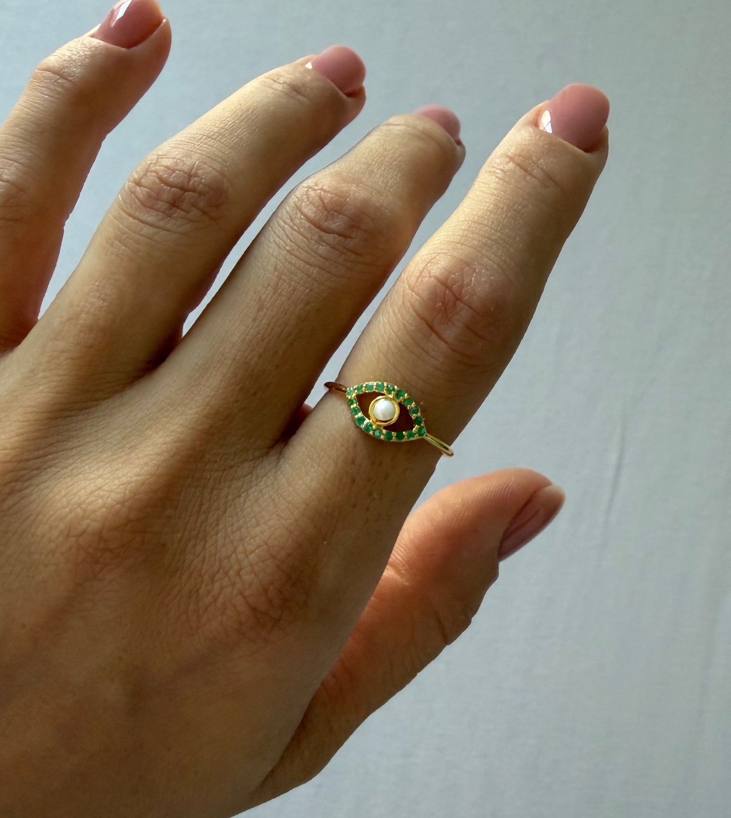 Emerald Evil Eye Ring with Pearl
