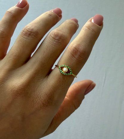 Emerald Evil Eye Ring with Pearl
